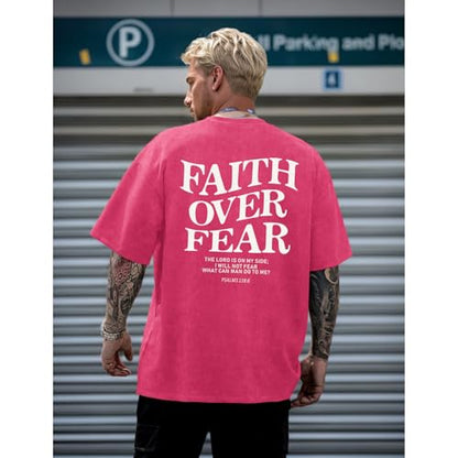 Christian Faith Over Fear Shirt for Men Jesus Religious Shirts Oversized Graphic Tees Acid Wash God T-Shirt - color: Pink, size: Small