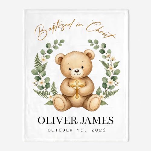 Personalized Baptism Teddy Bear Toddler Blanket, Baptized in Christ Christian Cross Throw, Custom Name and Date Faith Keepsake for Boy Girl, Religious Gift from Parents Grandparents - color: Baptsim Toddler Blanket#7