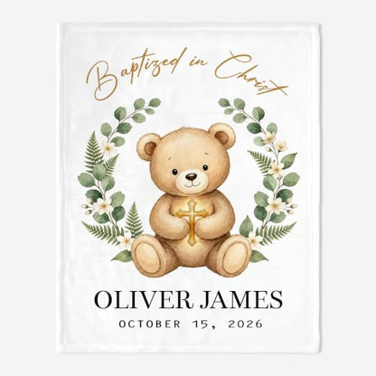 Personalized Baptism Teddy Bear Toddler Blanket, Baptized in Christ Christian Cross Throw, Custom Name and Date Faith Keepsake for Boy Girl, Religious Gift from Parents Grandparents - color: Baptsim Toddler Blanket#7