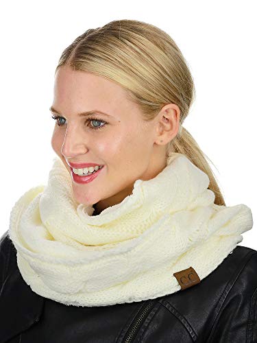 C.C Women's Winter Cable Knit Sherpa Lined Warm Infinity Pullover Scarf - color: Ivory