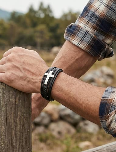 Mens Leather Cross Bracelet Braided Multi Layer Wristband with Stainless Steel Clasp - Christian Religious Gifts for Him(Brown/Black/Blue) - color: Black Leather&Silver Plated, size: 8.3in(Fits most wrists)