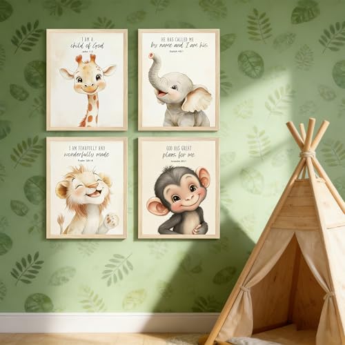 4 Pcs Nursery Christian Animal Posters Wall Art Fun Wild Animal Bible Verse Wall Decor Cute Christian Canvas Pictures Child Painting Print Artwork for BabyBedroom Playroom 8x10 in Poster