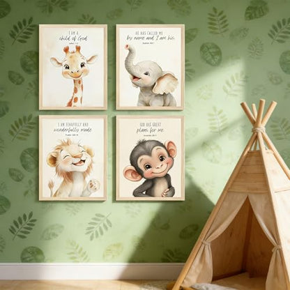 4 Pcs Nursery Christian Animal Posters Wall Art Fun Wild Animal Bible Verse Wall Decor Cute Christian Canvas Pictures Child Painting Print Artwork for BabyBedroom Playroom 8x10 in Poster