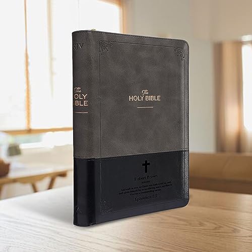 Personalized KJV Deluxe Standard Print King James Version Faux Leather Holy Bible with Thumb Index and Zippered Closure, Custom Name Includes Up to 3 Rows of Text with Red Letter Edition - color: Gray/Black