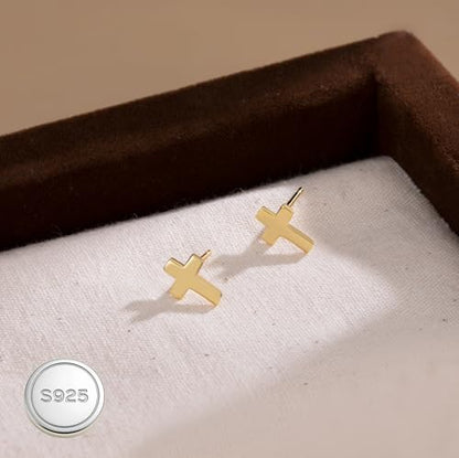 Reffeer Solid 925 Sterling Silver Cross Stud Earrings for Women Teen Small Cross Earrings Studs - color: B-Yellow