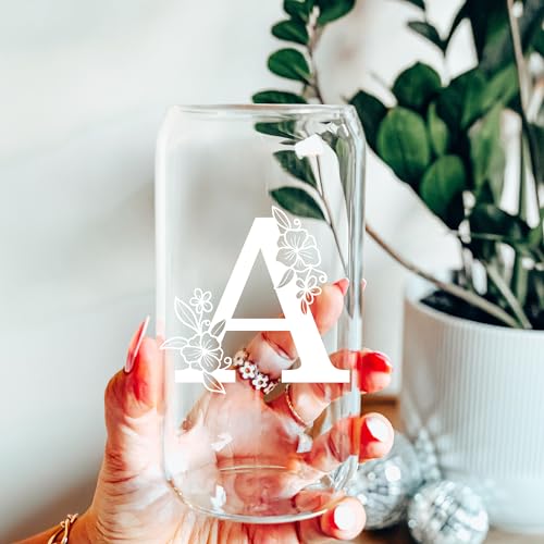 Personalized Tumbler, Monogrammed Can Glass Cups with Bamboo Lids and Straws, Customized Gifts for Women, Cute Design Initial Iced Coffee glasses, Custom Letter Mug, Birthday Bridesmaid, W - style: Monogram W