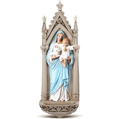 Yerliker Mary Statue and Child Holy Water Font Wall Plaque Renaissance Collection, 7.87" h, Resin Religious Gift, Inspirational Home Decor
