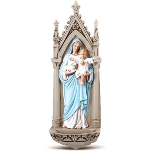 Yerliker Mary Statue and Child Holy Water Font Wall Plaque Renaissance Collection, 7.87" h, Resin Religious Gift, Inspirational Home Decor