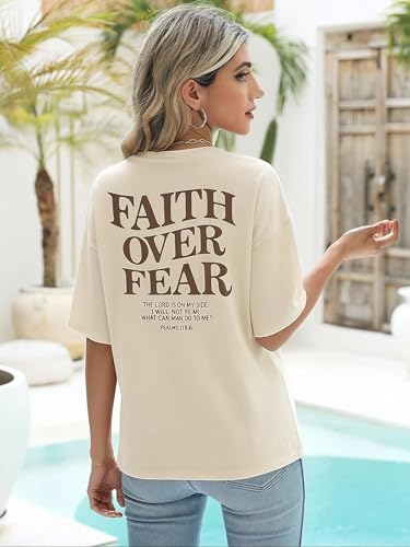 Faith Over Fear Shirt for Women Graphic Shirts Oversized Graphic Christian Tshirts Tees Tops - color: Apricot, size: Large