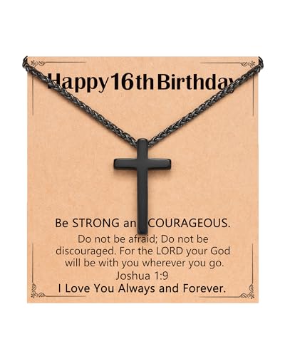 Birthday Gift Cross Necklace for Boy 8–30 Year Old with Joshua Card - style: 16th birthday