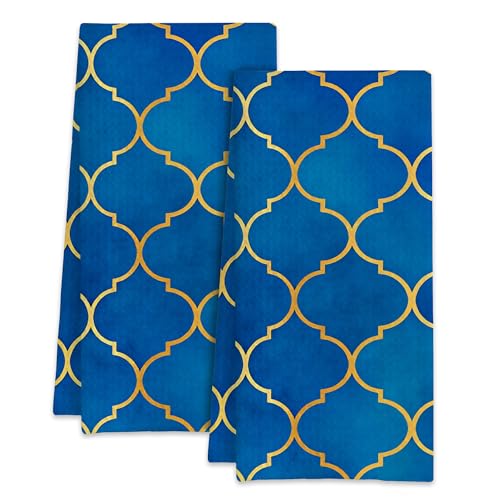 Moroccan Blue Gold Kitchen Dish Towels,Farmhouse Hand Towels 16x24 Inch Decorative Absorbent Dish Cloth for Cooking Baking Cleaning Bathroom Decor Set of 2 - color: Moroccan Blue Gold