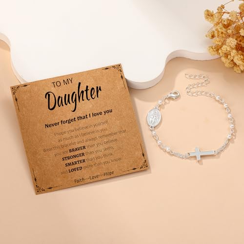 Catholic Bracelets Gifts for Women Girls, Simulated Pearl Rosary Beads Virgin Mary Cross Charm Bracelet Confirmation First Communion Baptism Religious Christian Jewelry Gift - color: To My Daughter Silver