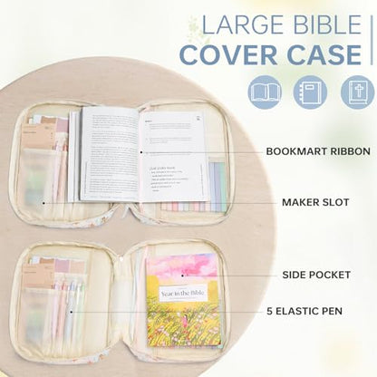 Bible Bag Cover Case for Women Study Supplies Kit Church Book Holder - color: Blue Flower