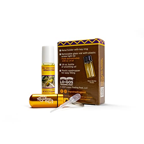 Unscented Anointing Oil from Israel Boxed Gift Set with Dispenser, Holy Jerusalem Oil & Gold Metal Keychain Bottle Container, Plastic Dropper & Small Glass Vial, Aceite Ungido y Botella - color: Gold, style: Unscented