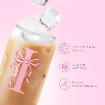 Monogrammed Glass Drinking Can Cup with Acrylic Lid and Straw, Personalized Frosted Iced Coffee Tumbler 16oz, Monogram Initial Gifts for Women Girls on Birthday (I) - color: I