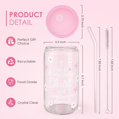 SANDJEST Christian Glass Can Tumbler 16oz, Inspirational Glass Cup with Lid & Straw, Iced Coffee Aesthetic Cups for Women Girls, Gifts Idea for Christmas Birthday - color: Christian 2
