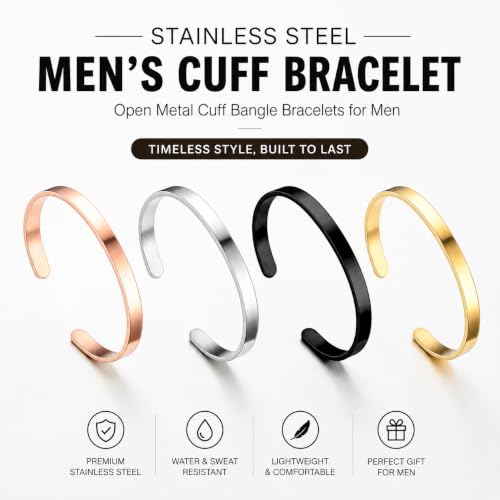 Stainless Steel Cuff Bracelet for Men, Adjustable Open Metal Bangle Bracelet, Minimalist Mens Jewelry Gift - color: black