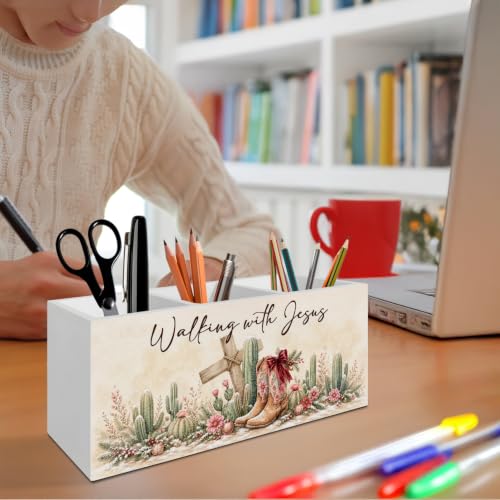 Christian Christmas Western Pen Pencil Holder Organizer for Desk - color: Winter Cowgirl