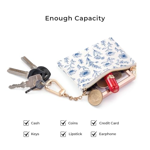 Blue Flower Keychain Coin Purse for Women, Small Change Pouch - color: Abstract Blue Flower