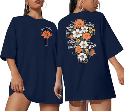 Christian Shirts Women Oversized Jesus God T Shirts Bible Verse Tees Tops - color: A-navy, size: Small