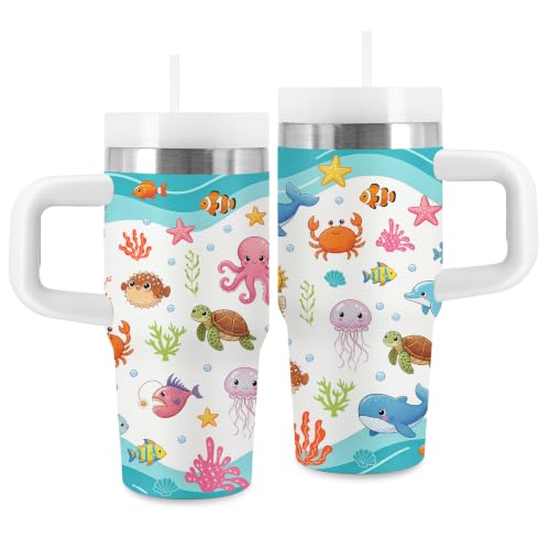 Ocean Gifts for Kids - 14 oz Tumbler with Handle and Straw, Stainless Steel Insulated Sea Life Cup, BPA Free Tumblers Birthday Gift for Marine Lover, Outdoor Sports, Travel - color: Ocean1