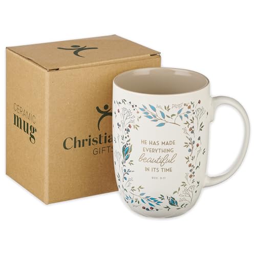 Christian Art Gifts Large Women's Ceramic Coffee Bible Verse Mug - color: White & Taupe Floral/Everything Beautiful