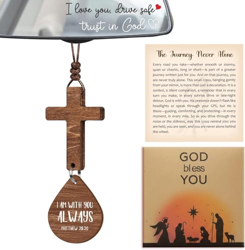Wooden Hanging Car Ornament, Cross for Car Mirror Hanging Christian Gifts for Men, Women, Scan Phone for Daily Bible Verse, Christian Cross Ornament, Religious Gifts for Men - color: I Am With You Always