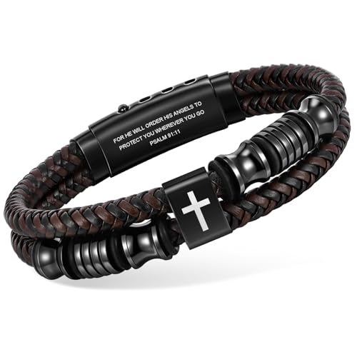 Christian Brown Leather Bracelet for Men - Double-Row Braided Leather Faith Cross Bracelets Bangle Religious Baptism Inspirational Bible Verse Jewelry Gift for Young Men Teenage, Adjustable Wristband - color: Psalm 91:11