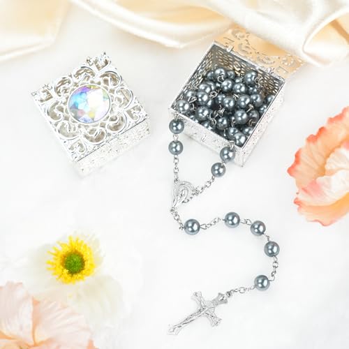 Silver Gray Pearl-Style Rosary Necklace with Metal Gift Box, 8mm, 22 Inch - color: Gray