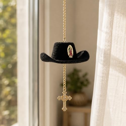 Cowboy Hat Cross Car Charm, Baptism Rear View Mirror Charm - color: Virgin Mary