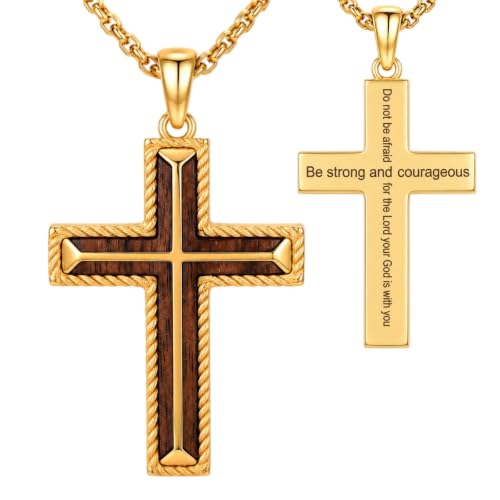 14K Gold Plated Wood Cross Necklace for Men Christian Pendant Jewelry - color: A05-Cross