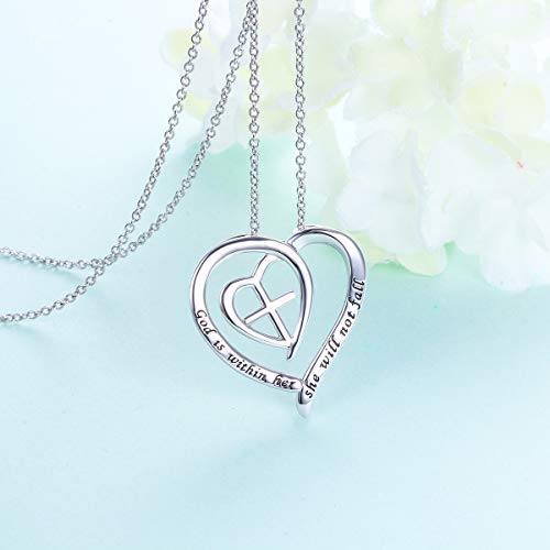S925 Sterling Silver Christian Cross Heart Faith Bible Verse Necklace Rings - style: God is within her she will not fall.
