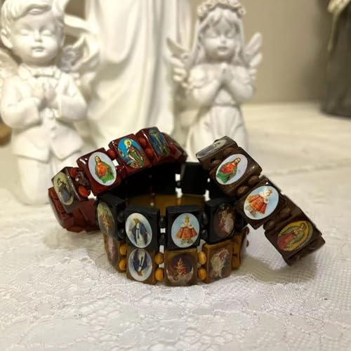 Fnjuucw 4pcs Wooden Jesus Bracelet Saints Rosary, Stretchable Wooden Small Panel Bracelet, with Images of Religious Saints Jesus Gift for Men & Women