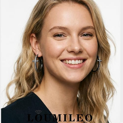 LOUMILEO Sterling Silver Cross Hoop Earrings for Women Rhinestone 20-40MM - color: Black 40MM