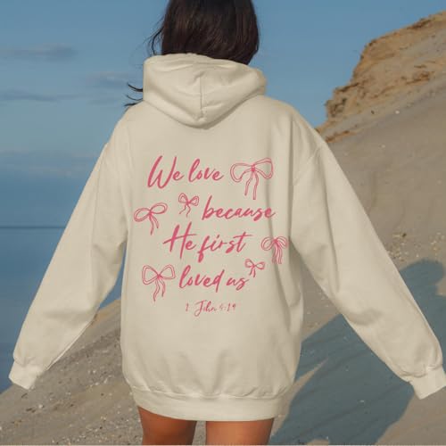Christian Bow Hoodies for Women Cute Bow Print Sweatshirt Bible Verse Graphic Hoodie Religious Pullover Sweatshirts - color: Apricot, size: X-Large