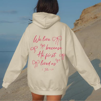 Christian Bow Hoodies for Women Cute Bow Print Sweatshirt Bible Verse Graphic Hoodie Religious Pullover Sweatshirts - color: Apricot, size: Medium