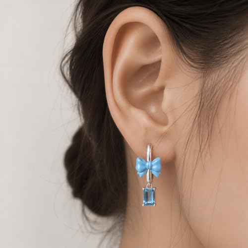 925 Sterling Silver Cute Animal Unique Huggie Hoop Earrings for Women - color: Blue Bow