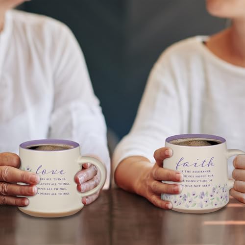 Christian Art Gifts Novelty Floral Ceramic Coffee & Tea Mug Set for Women: Faith & Love w/Encouraging Scripture, Microwave/Dishwasher Safe w/Clay Base - Set of 2 Large 14 oz. Cups, Lilac Purple/White