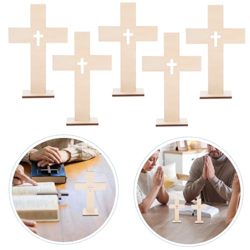 Veemoon Wood Crosses with Stand for Crafts, 10Pieces Blanks Diy Cross Decor Unfinished Catholic Baptism Craft Ornament Table Small Religious Crucifix Crosses for Easter Party Wedding First Communion