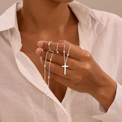 Cross Necklace for Women, Dainty 14K Gold Plated Cross Pendant Simple Long Necklaces for Women, Christian Faith Necklace Trendy Gold Jewelry Gifts for Easter - color: silver bead cross necklace