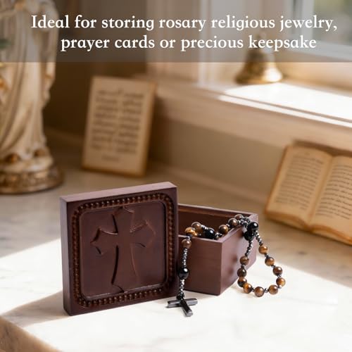 Wooden Cross Prayer Keepsake Box of Christian, Rosary Box for Religious Jewelry, Hand-Carved Catholic Rosary Holder Boxes Gifts for Women & Men, Baptism Communion Memorial Sympathy Gifts, No Card