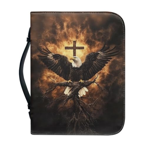 Leather Bible Case Cross Eagle Print Bible Cover with Handle and Zippered Bible Covers for Bible Study Christian Gift - color: Cross Eagle, size: 2X-Large
