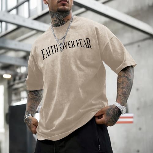 Mens Faith Over Fear Christian Shirts Jesus God Religious Bible Verse Cross Tshirt Oversized Acid Wash Graphic Tees - color: Apricot, size: X-Small