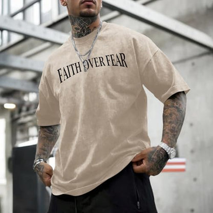 Mens Faith Over Fear Christian Shirts Jesus God Religious Bible Verse Cross Tshirt Oversized Acid Wash Graphic Tees - color: Apricot, size: X-Small