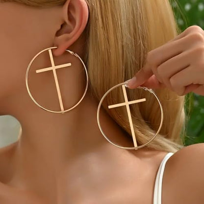 Cross Hoop Earrings Big Circle Hoop Earrings for Women Christian Jewelry - color: A-G