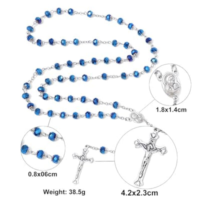 KOMI Rosary Beads Catholic for Women Gemstone Rosary Beads Necklace with Crucifix Cross Crystal Pearl Rosary Rosarios Catolicos Catholic Gifts - style: Deep Blue Crystal