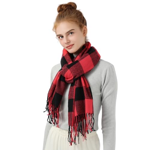 Clothirily Womens Winter Scarf, Oversized Long Blanket Plaid Shawl Wrap - color: Red Black Plaid