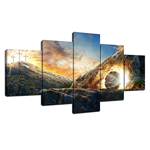 ARNLRDYA Jesus Empty Tomb Wall Decor Sunrise Cross Wall Art Jesus Easter Picture Christianity Painting Canvas HD Print Religion Artwork Poster Frame Ready to Hang for Home Decor(60x32inch) - color: Artwork-005
