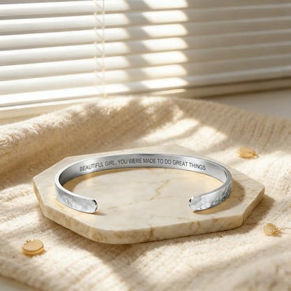Inspirational Bible Verse Cuff Bracelet for Women, 18K Gold Plated Hammered Bangle, Christian Faith Jewelry Gift, Adjustable Non Tarnish - color: BEAUTIFUL G,YOU WERE MADE TO DO GREAT THINGS.-Hammered Silver