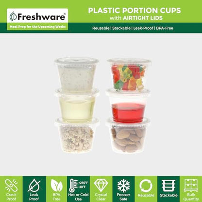 Freshware Plastic Portion Cups with Lids [1 Ounce, 100 Sets] Disposable Plastic Cups for Meal Prep, Salad Dressing, Jellos Shot Cups, Souffle Cups, Condiment and Dipping Sauce Cups - size: 1 oz - 100 sets